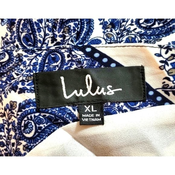 Lulus NWT Taj Mahal Tour Dress Blue/White Paisley Print Shift V-Cut Open Back XL - Picture 8 of 9